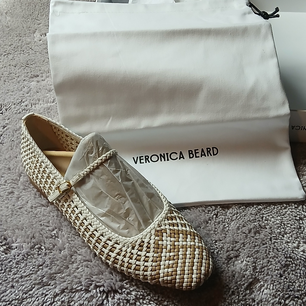 "New Never Worn" Veronica Beard Cream Woven Ballet Flat With Shoe Bag - Picture 10 of 12